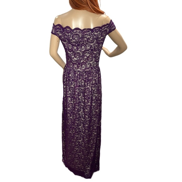 Yellow Star Womens Plum Lace Nude Maxi Off Shoulder Dress Size M USA MADE - Picture 7 of 14